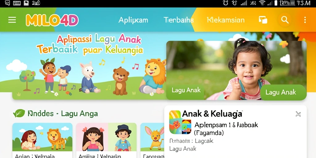 Tampilan antarmuka aplikasi Lagu Anak MILO4D yang ceria dan interaktif.